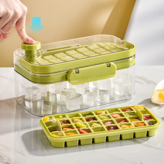 64 Grid Ice Cube Mold with Handle Press Ice Ball DIY Silicone Durable Ice Cube Tray with Lid Shovel Storage Box Frozen Maker